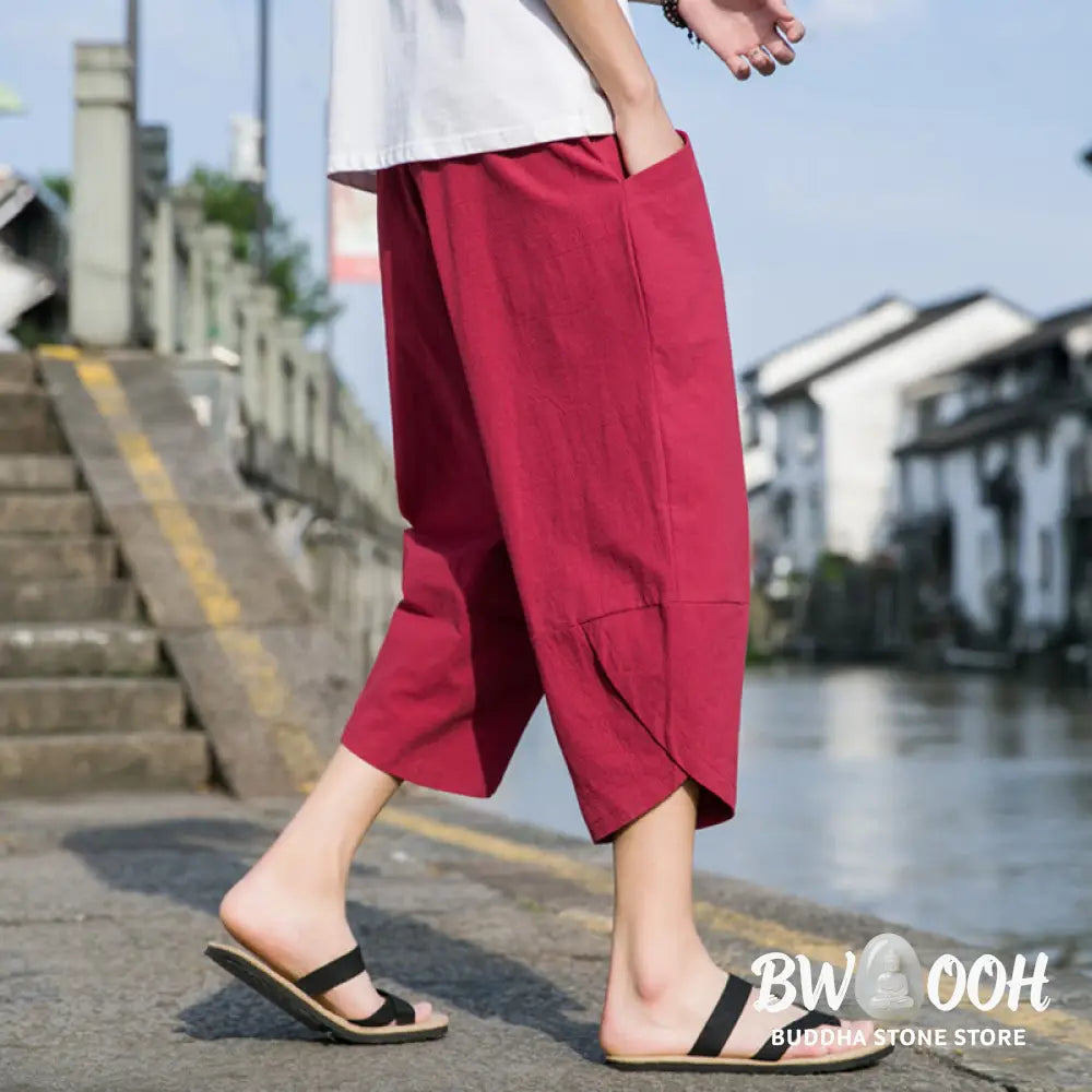Buddha Stones Summer Casual Simple Plain Tapered Design Drawstring Men’s 7-8 Length Cotton Linen Pants With Pockets