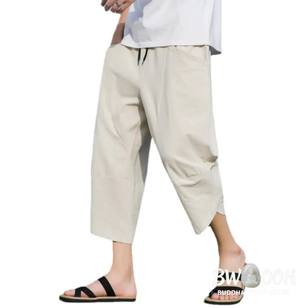 Buddha Stones Summer Casual Simple Plain Tapered Design Drawstring Men’s 7-8 Length Cotton Linen Pants With Pockets
