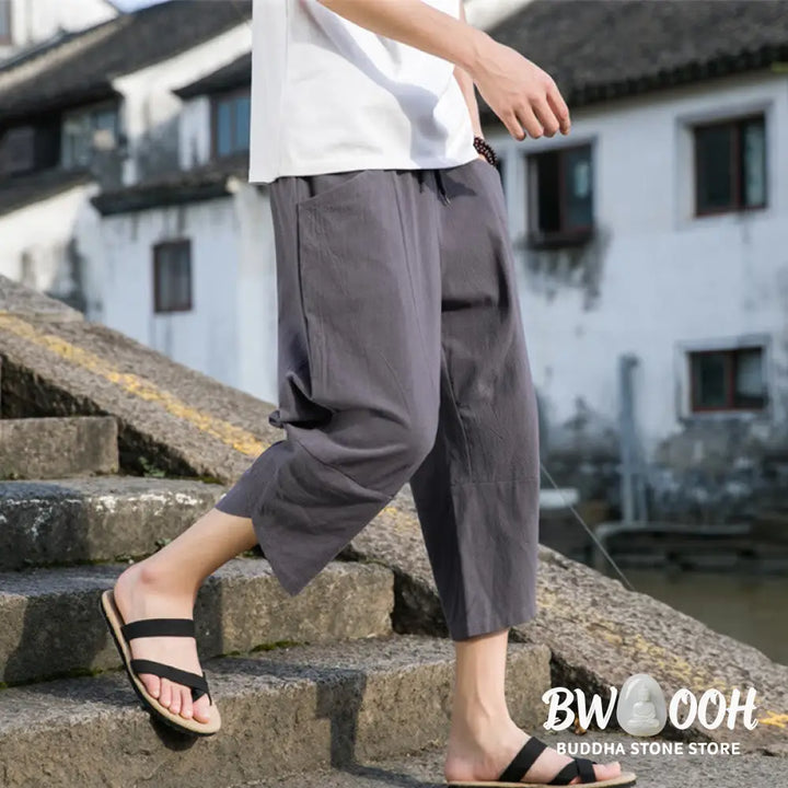 Buddha Stones Summer Casual Simple Plain Tapered Design Drawstring Men’s 7-8 Length Cotton Linen Pants With Pockets
