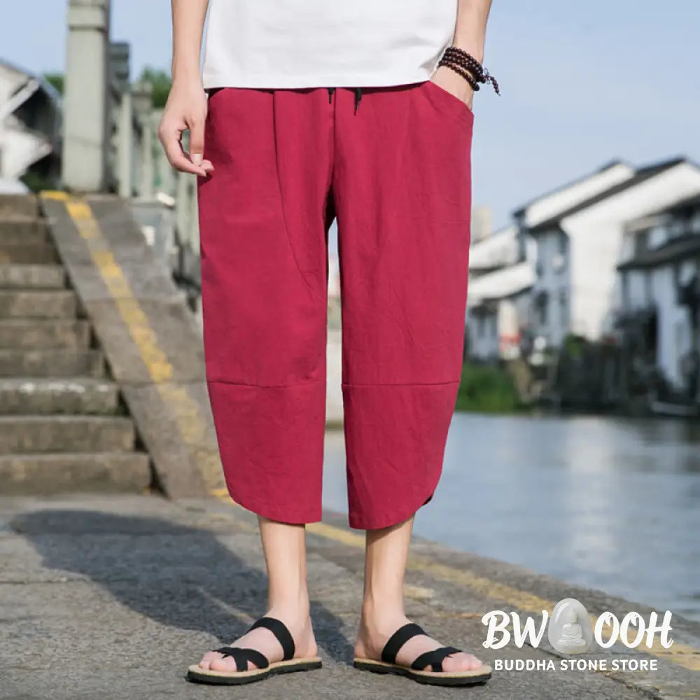 Buddha Stones Summer Casual Simple Plain Tapered Design Drawstring Men’s 7-8 Length Cotton Linen Pants With Pockets