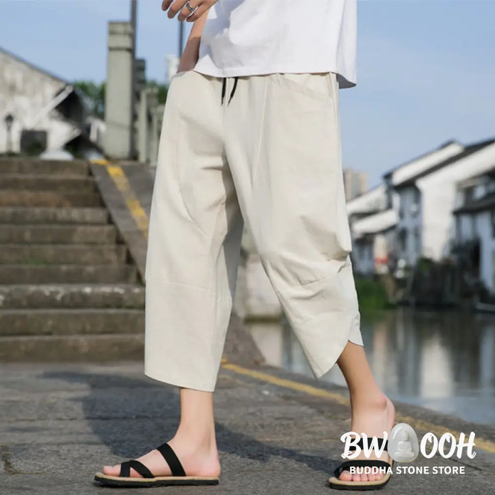 Buddha Stones Summer Casual Simple Plain Tapered Design Drawstring Men’s 7-8 Length Cotton Linen Pants With Pockets