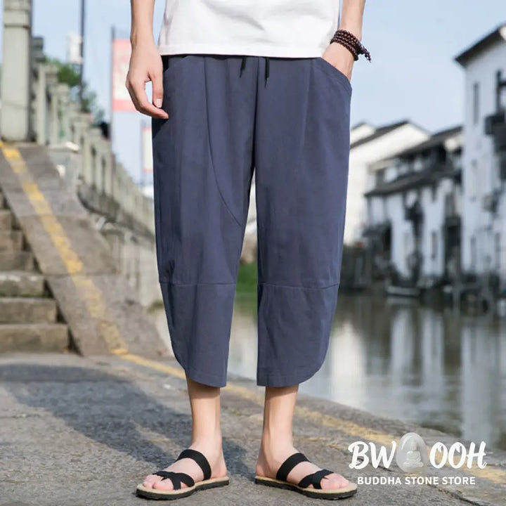 Buddha Stones Summer Casual Simple Plain Tapered Design Drawstring Men’s 7-8 Length Cotton Linen Pants With Pockets