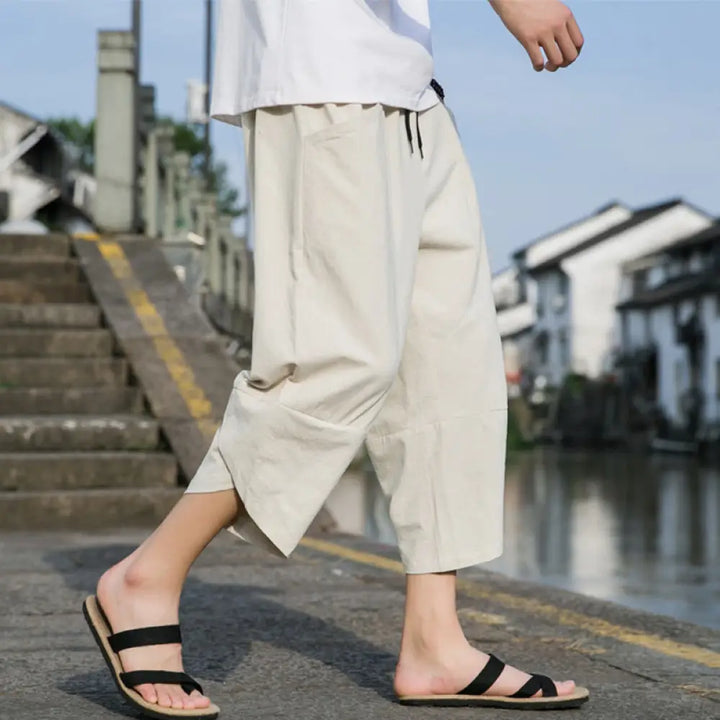 Buddha Stones Summer Casual Simple Plain Tapered Design Drawstring Men’s 7-8 Length Cotton Linen Pants With Pockets