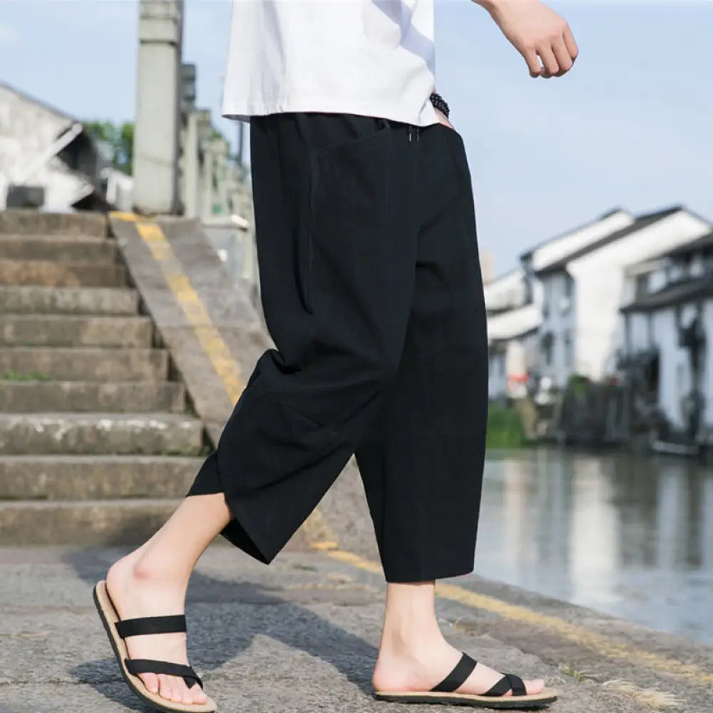 Buddha Stones Summer Casual Simple Plain Tapered Design Drawstring Men’s 7-8 Length Cotton Linen Pants With Pockets