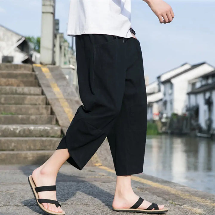 Buddha Stones Summer Casual Simple Plain Tapered Design Drawstring Men’s 7-8 Length Cotton Linen Pants With Pockets