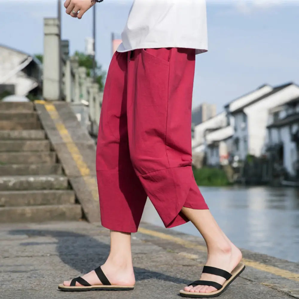 Buddha Stones Summer Casual Simple Plain Tapered Design Drawstring Men’s 7-8 Length Cotton Linen Pants With Pockets