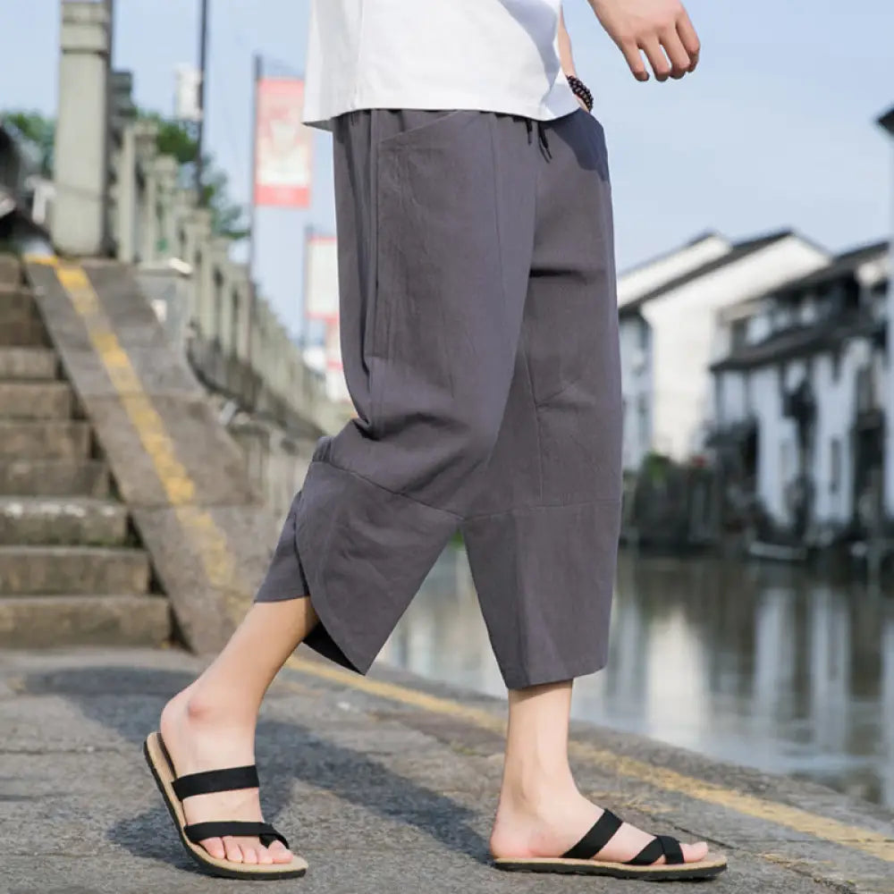 Buddha Stones Summer Casual Simple Plain Tapered Design Drawstring Men’s 7-8 Length Cotton Linen Pants With Pockets