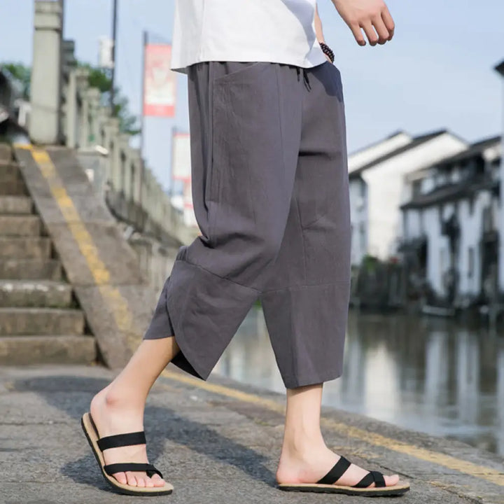 Buddha Stones Summer Casual Simple Plain Tapered Design Drawstring Men’s 7-8 Length Cotton Linen Pants With Pockets