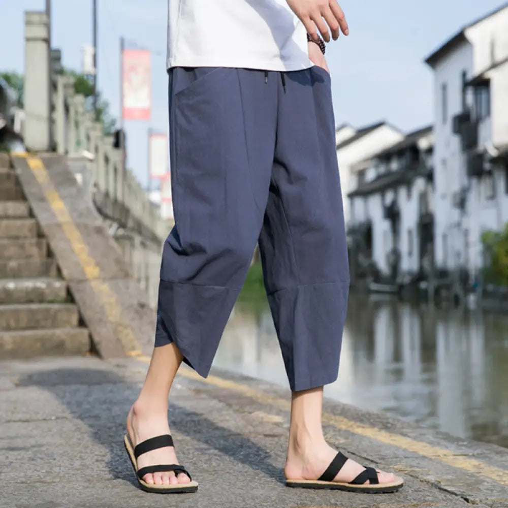 Buddha Stones Summer Casual Simple Plain Tapered Design Drawstring Men’s 7-8 Length Cotton Linen Pants With Pockets