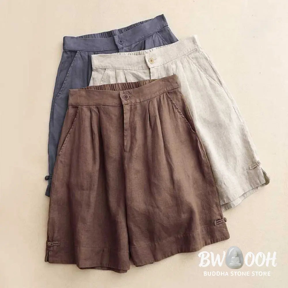 Buddha Stones Summer Casual Solid Color Zipper Button Acrylic Fiber Frog Button Women’s Shorts With Pockets - Women’s