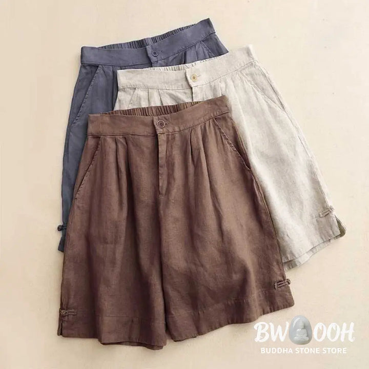 Buddha Stones Summer Casual Solid Color Zipper Button Acrylic Fiber Frog Button Women’s Shorts With Pockets - Women’s