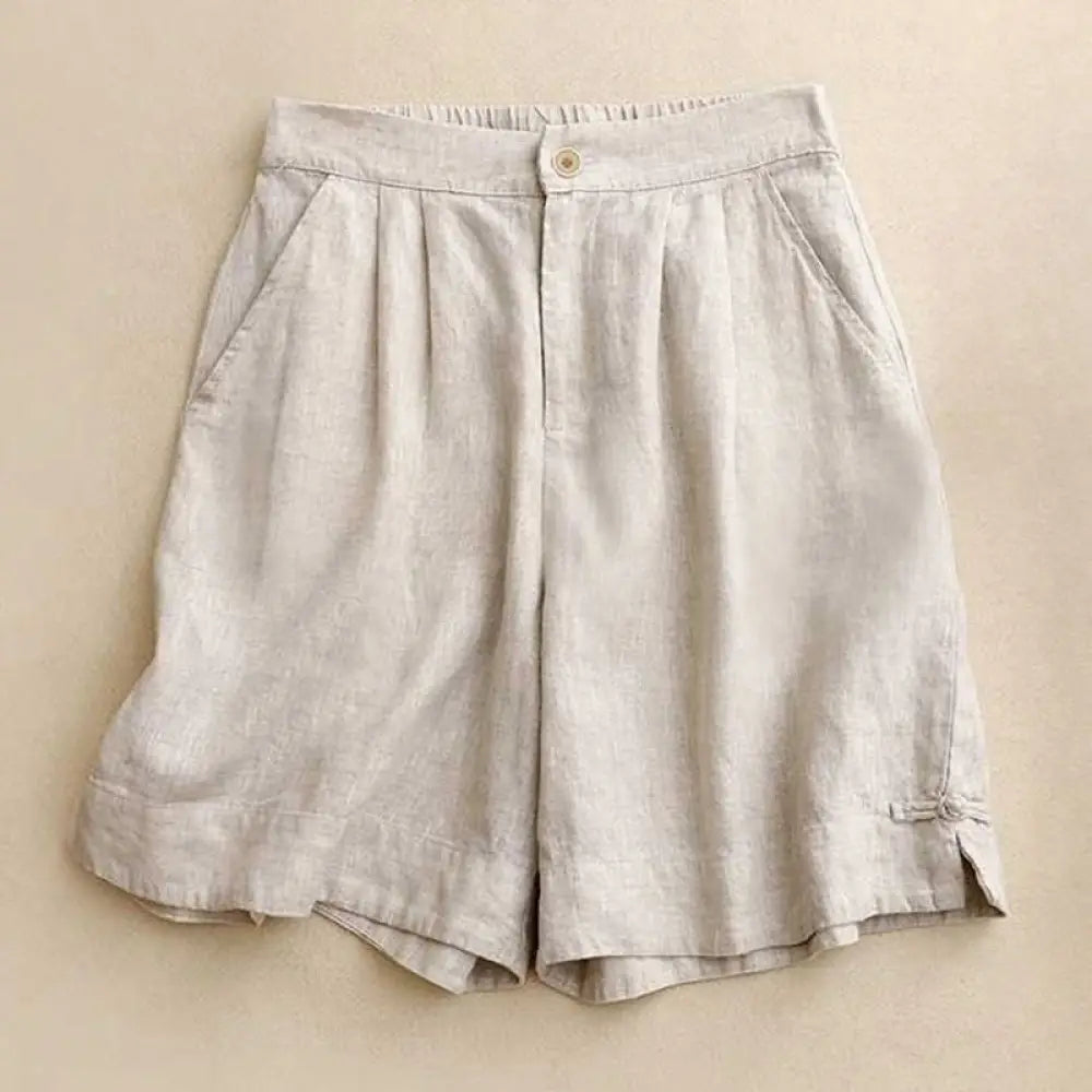Buddha Stones Summer Casual Solid Color Zipper Button Acrylic Fiber Frog Button Women’s Shorts With Pockets - Linen