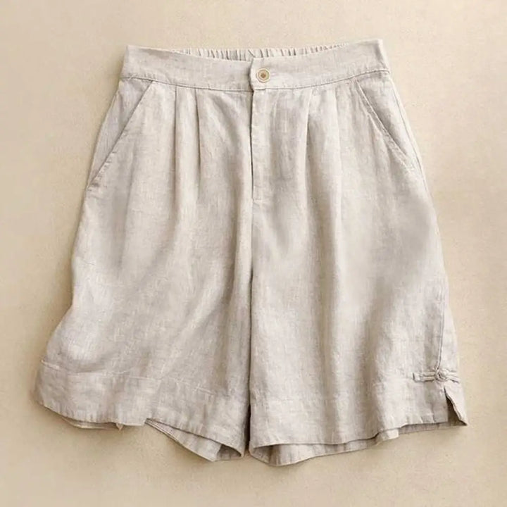 Buddha Stones Summer Casual Solid Color Zipper Button Acrylic Fiber Frog Button Women’s Shorts With Pockets - Linen