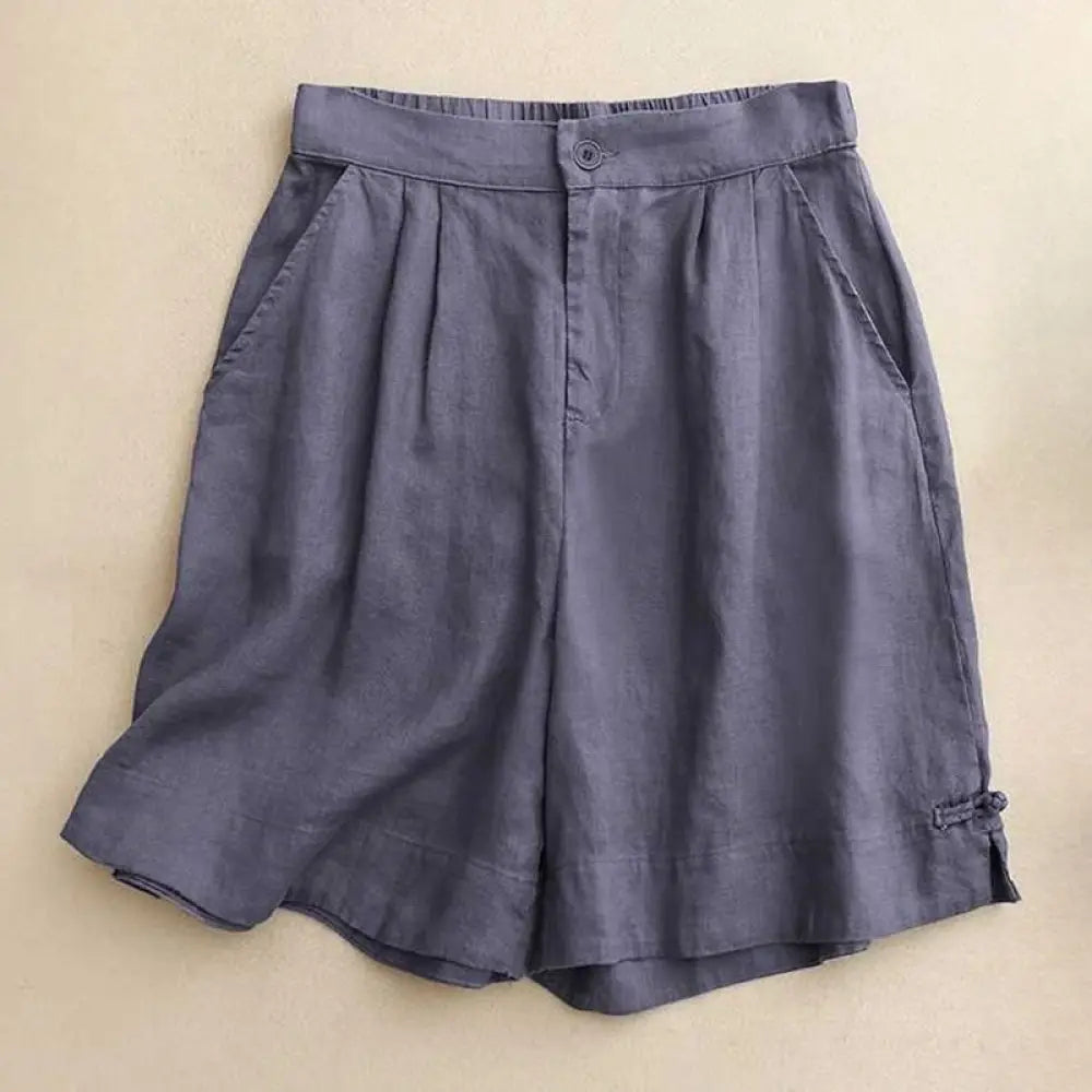Buddha Stones Summer Casual Solid Color Zipper Button Acrylic Fiber Frog Button Women’s Shorts With Pockets - SteelBlue