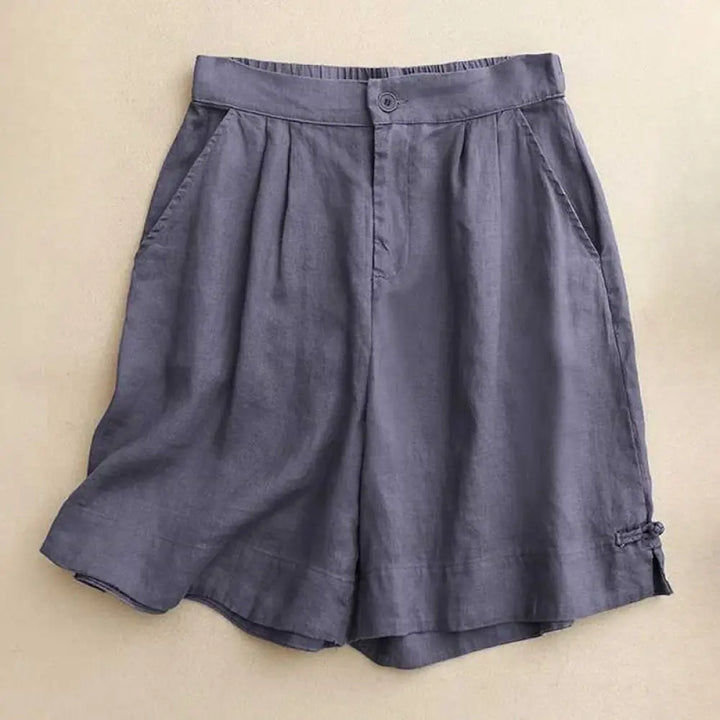 Buddha Stones Summer Casual Solid Color Zipper Button Acrylic Fiber Frog Button Women’s Shorts With Pockets - SteelBlue