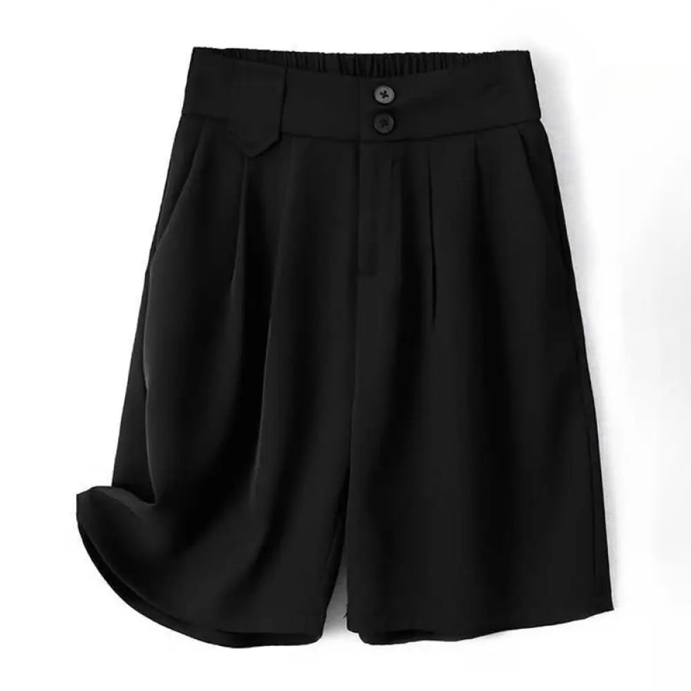 Buddha Stones Summer Casual Zipper Button Loose Plain Cotton Linen Women’s Shorts With Pockets - Black