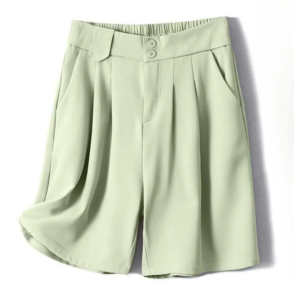 Buddha Stones Summer Casual Zipper Button Loose Plain Cotton Linen Women’s Shorts With Pockets - Honeydew