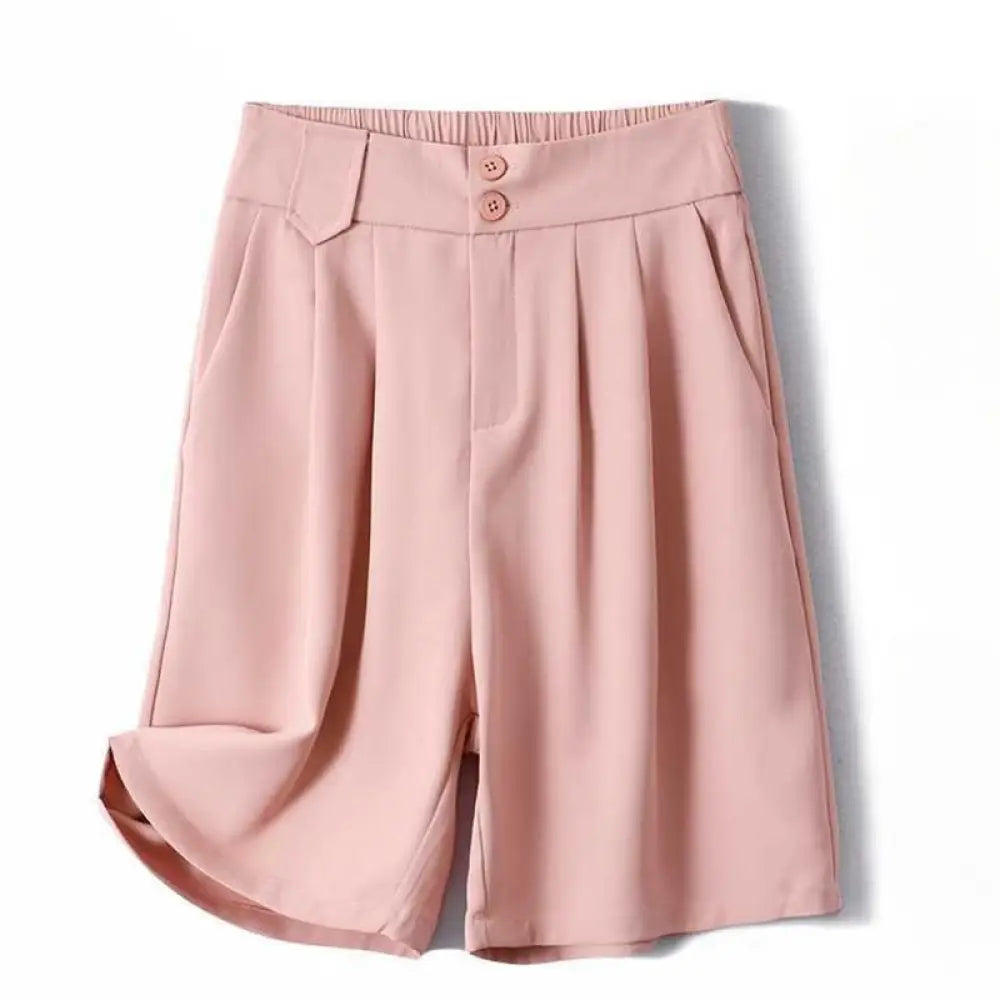 Buddha Stones Summer Casual Zipper Button Loose Plain Cotton Linen Women’s Shorts With Pockets - MistyRose