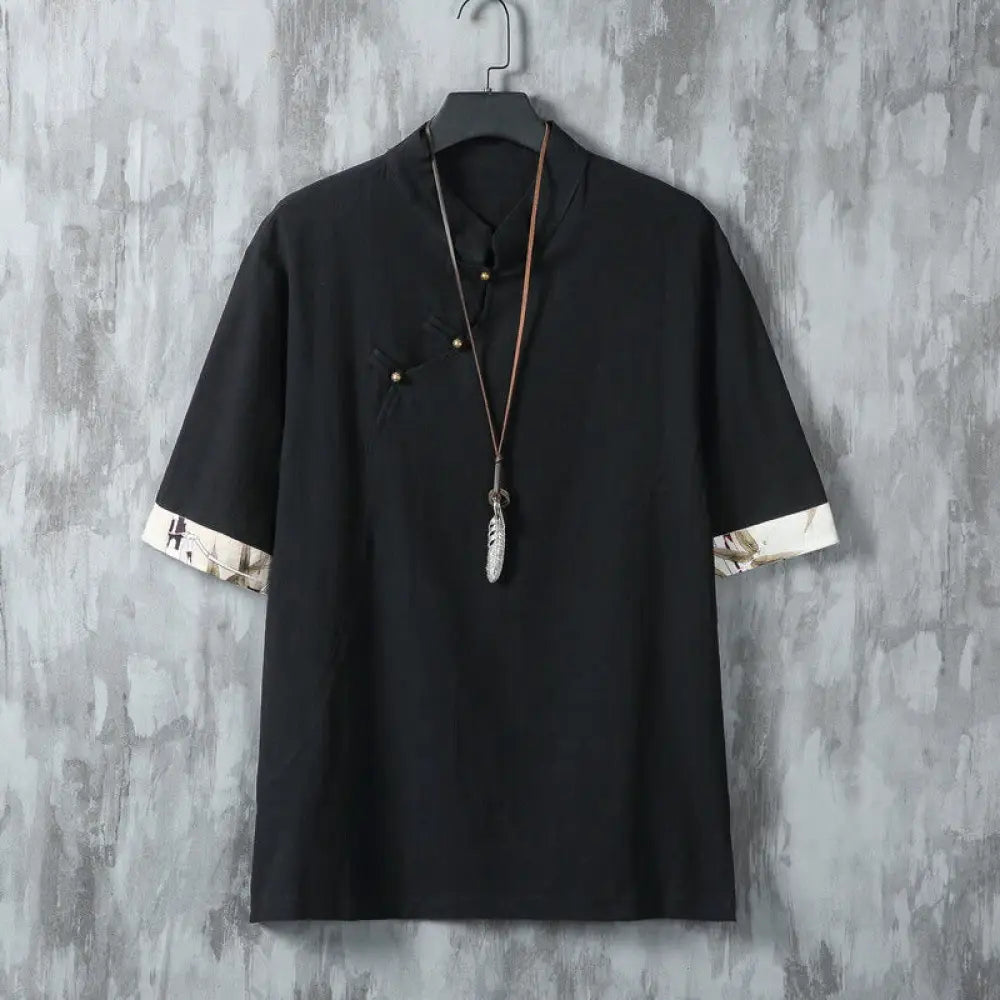 Buddha Stones Summer Chinese Frog-Button Printing Men’s Plain Patchwork Half Sleeve Cotton Linen Shirt - Black