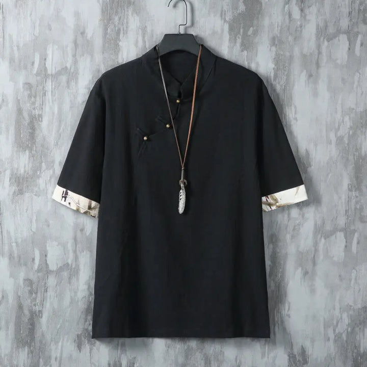 Buddha Stones Summer Chinese Frog-Button Printing Men’s Plain Patchwork Half Sleeve Cotton Linen Shirt - Black