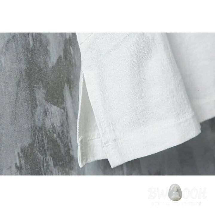 Buddha Stones Summer Chinese Frog-Button Printing Men’s Plain Patchwork Half Sleeve Cotton Linen Shirt - Men’s Shirts
