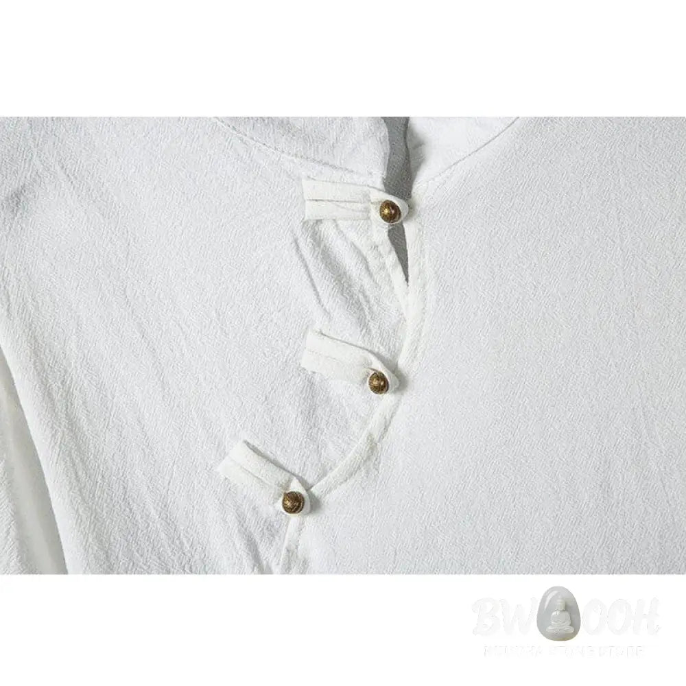 Buddha Stones Summer Chinese Frog-Button Printing Men’s Plain Patchwork Half Sleeve Cotton Linen Shirt - Men’s Shirts