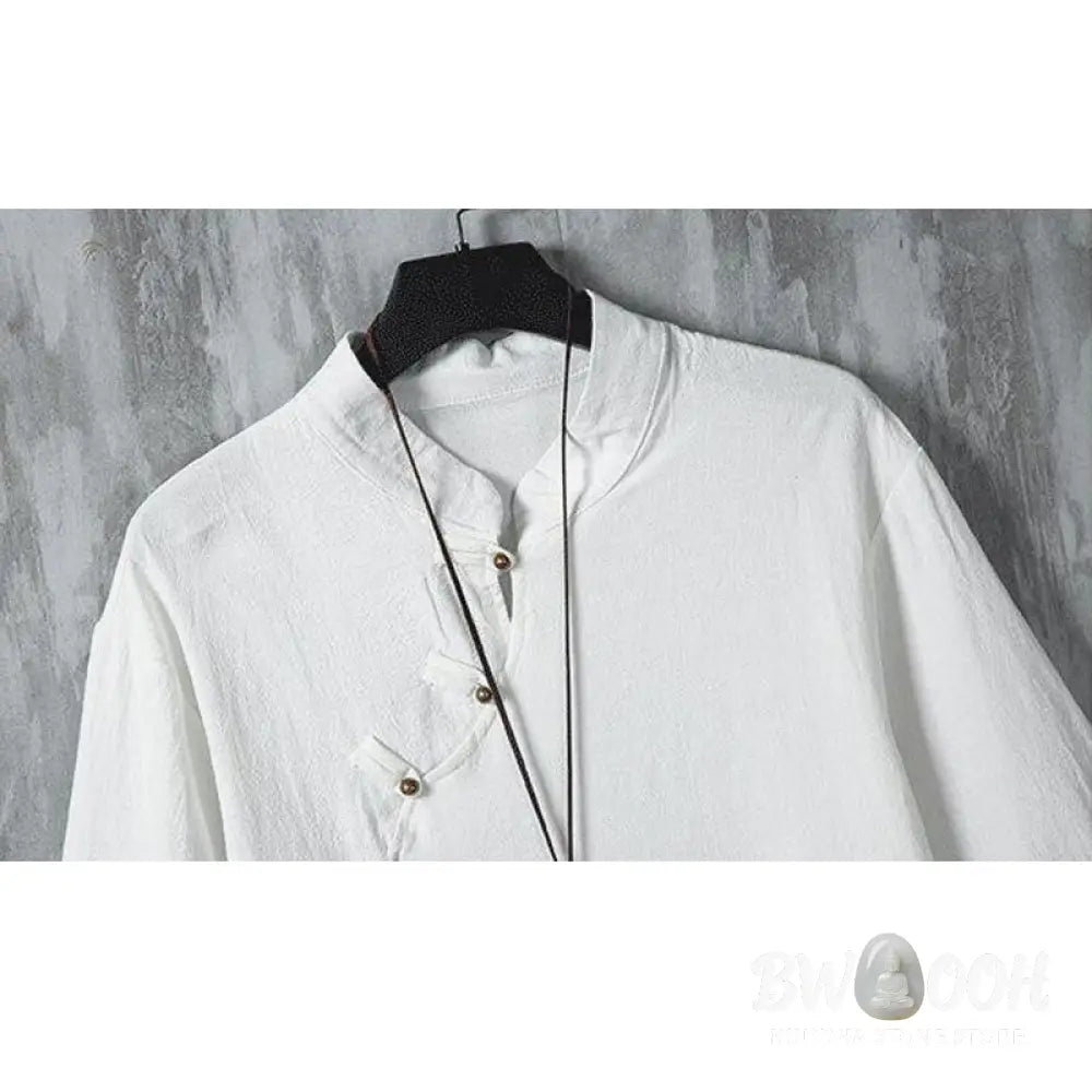 Buddha Stones Summer Chinese Frog-Button Printing Men’s Plain Patchwork Half Sleeve Cotton Linen Shirt - Men’s Shirts