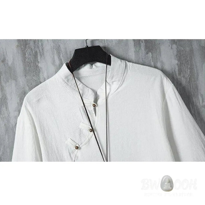 Buddha Stones Summer Chinese Frog-Button Printing Men’s Plain Patchwork Half Sleeve Cotton Linen Shirt - Men’s Shirts