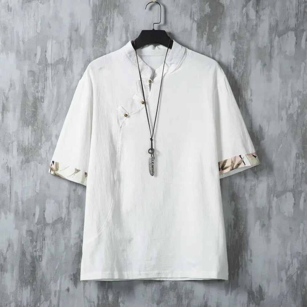 Buddha Stones Summer Chinese Frog-Button Printing Men’s Plain Patchwork Half Sleeve Cotton Linen Shirt - White