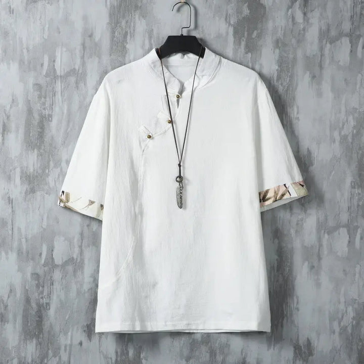 Buddha Stones Summer Chinese Frog-Button Printing Men’s Plain Patchwork Half Sleeve Cotton Linen Shirt - White
