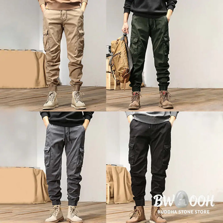 Buddha Stones Summer Cotton Elastic Cuffs Tapered Men’s Pants With Pockets - Men’s Pants