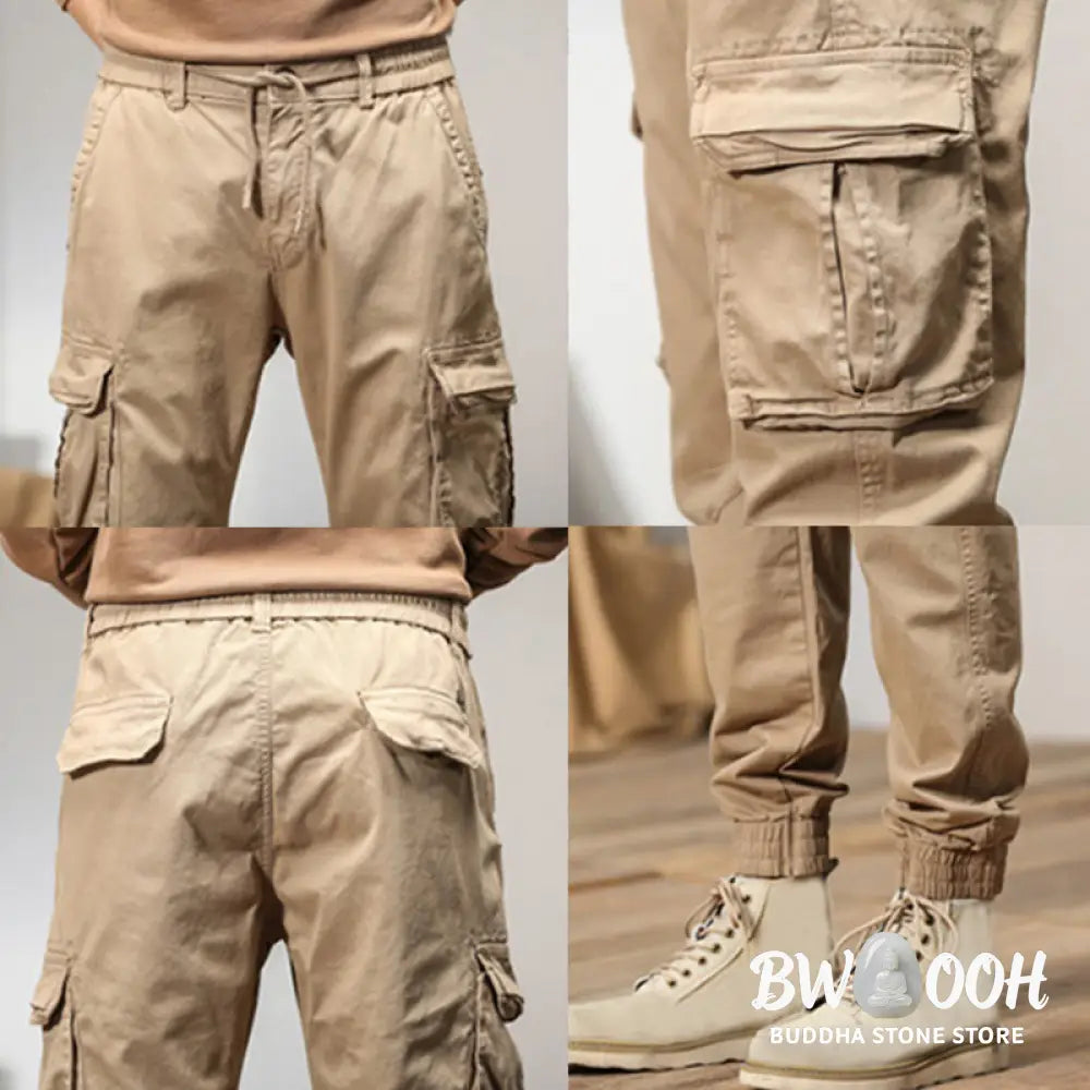 Buddha Stones Summer Cotton Elastic Cuffs Tapered Men’s Pants With Pockets - Men’s Pants