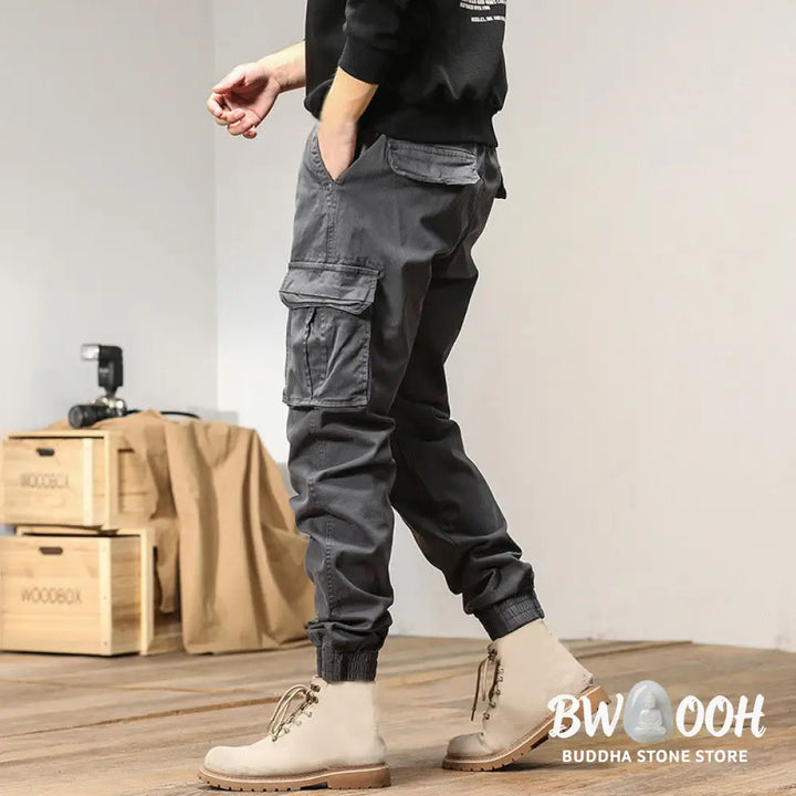 Buddha Stones Summer Cotton Elastic Cuffs Tapered Men’s Pants With Pockets - Men’s Pants