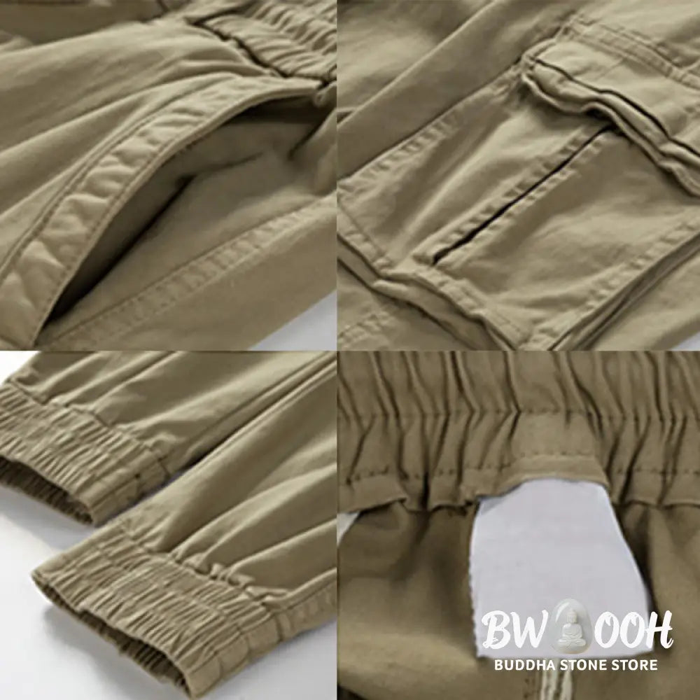 Buddha Stones Summer Cotton Elastic Cuffs Tapered Men’s Pants With Pockets - Men’s Pants