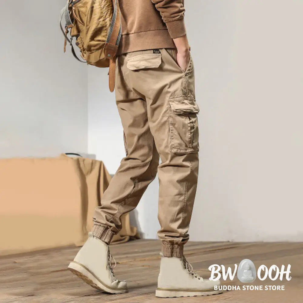 Buddha Stones Summer Cotton Elastic Cuffs Tapered Men’s Pants With Pockets - Men’s Pants