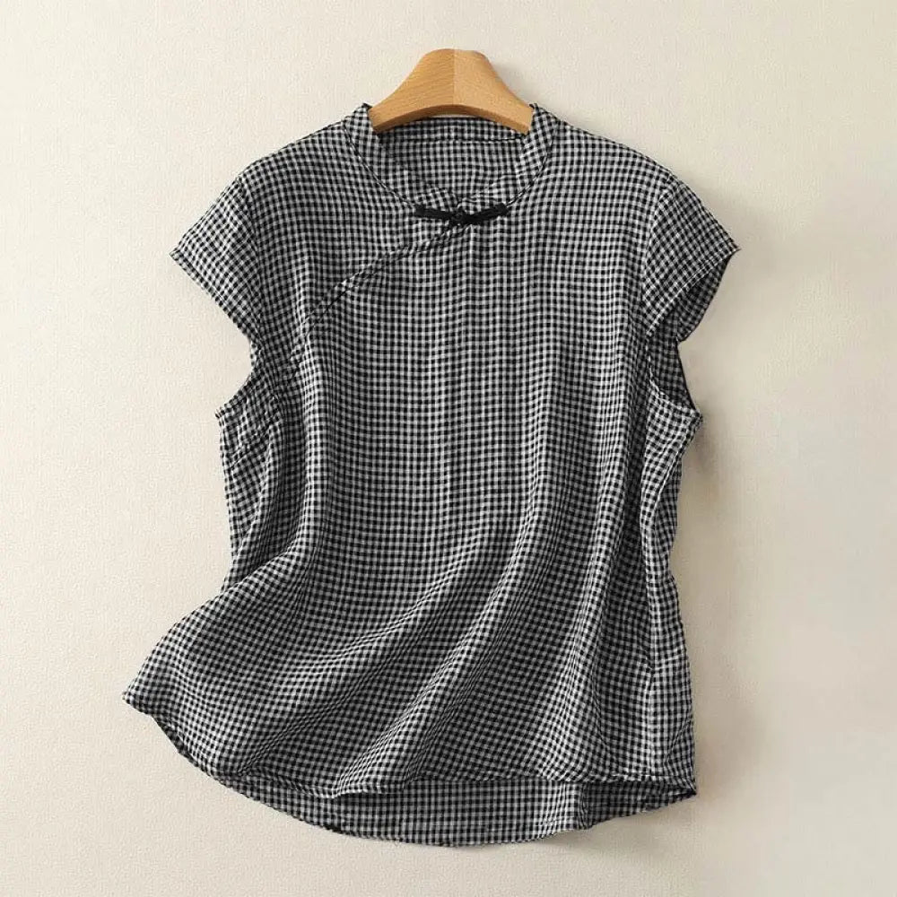 BWOOOH Summer Crew Neck Frog-Button Short Sleeve Plaid Wo
