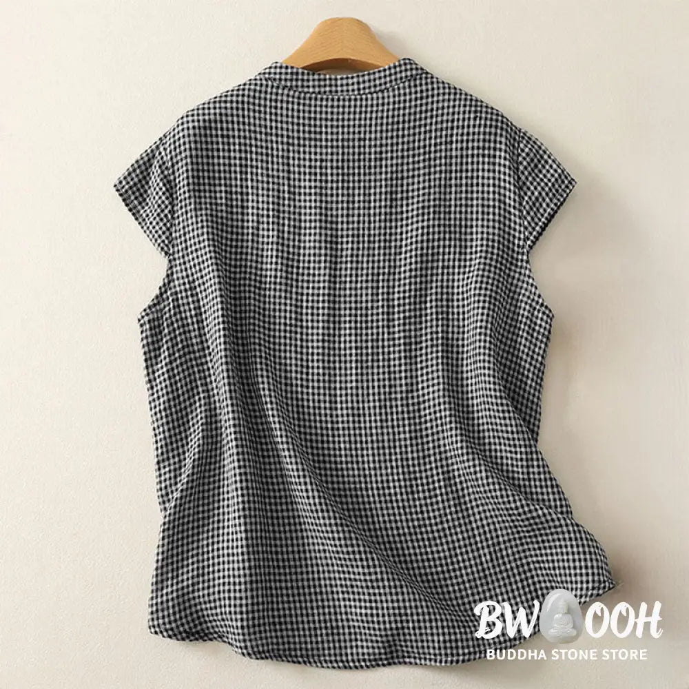 Buddha Stones Summer Crew Neck Frog-Button Short Sleeve Plaid Women’s Cotton Shirt - Women’s Shirts