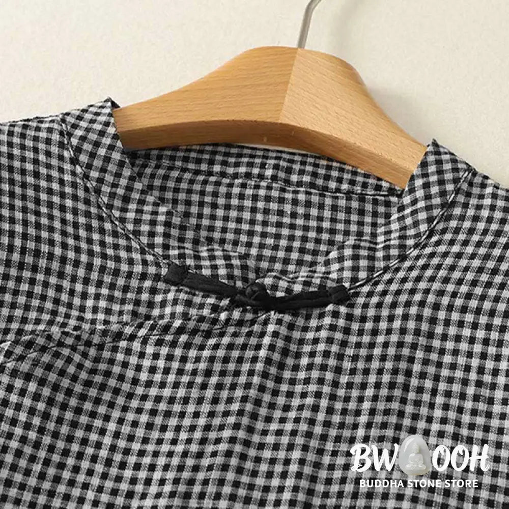 Buddha Stones Summer Crew Neck Frog-Button Short Sleeve Plaid Women’s Cotton Shirt - Women’s Shirts