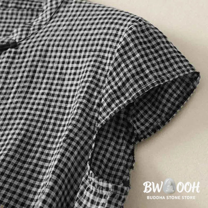 Buddha Stones Summer Crew Neck Frog-Button Short Sleeve Plaid Women’s Cotton Shirt - Women’s Shirts