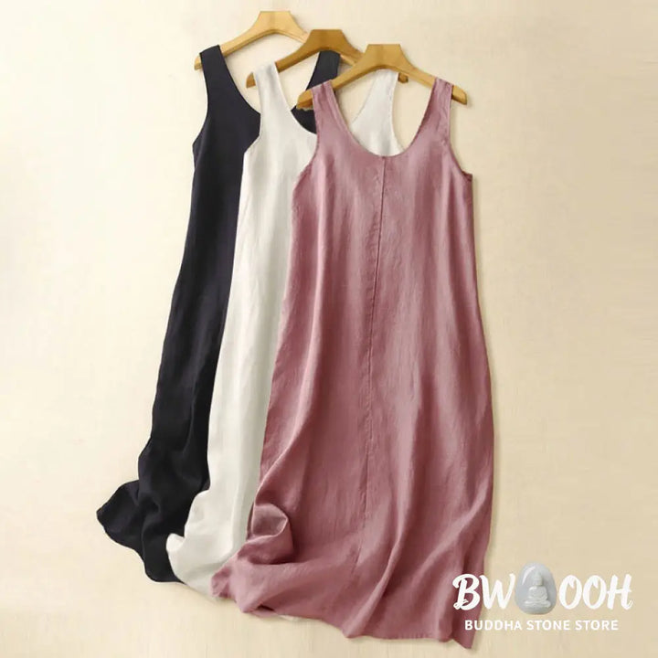 Buddha Stones Summer Daily Casual Pure Color Crew Neck Simple Design Sleeveless Midi Dress With Pockets - Midi Dress