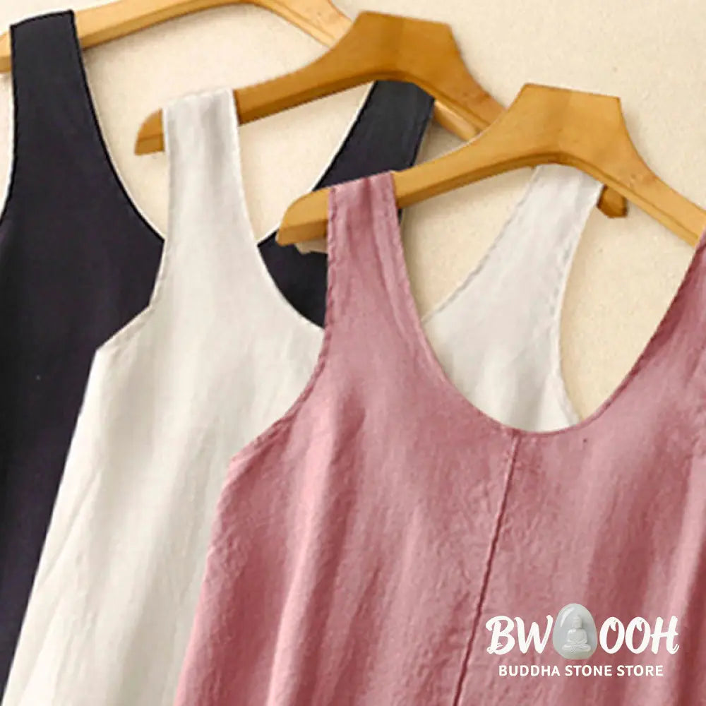 Buddha Stones Summer Daily Casual Pure Color Crew Neck Simple Design Sleeveless Midi Dress With Pockets - Midi Dress