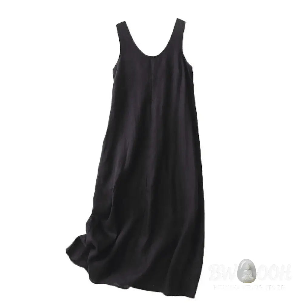 Buddha Stones Summer Daily Casual Pure Color Crew Neck Simple Design Sleeveless Midi Dress With Pockets - Midi Dress