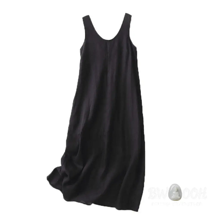 Buddha Stones Summer Daily Casual Pure Color Crew Neck Simple Design Sleeveless Midi Dress With Pockets - Midi Dress