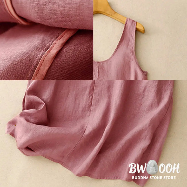 Buddha Stones Summer Daily Casual Pure Color Crew Neck Simple Design Sleeveless Midi Dress With Pockets - Midi Dress