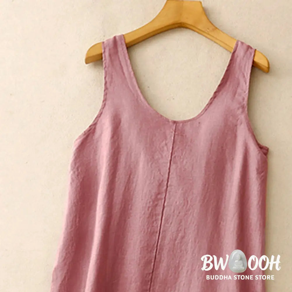 Buddha Stones Summer Daily Casual Pure Color Crew Neck Simple Design Sleeveless Midi Dress With Pockets - Midi Dress
