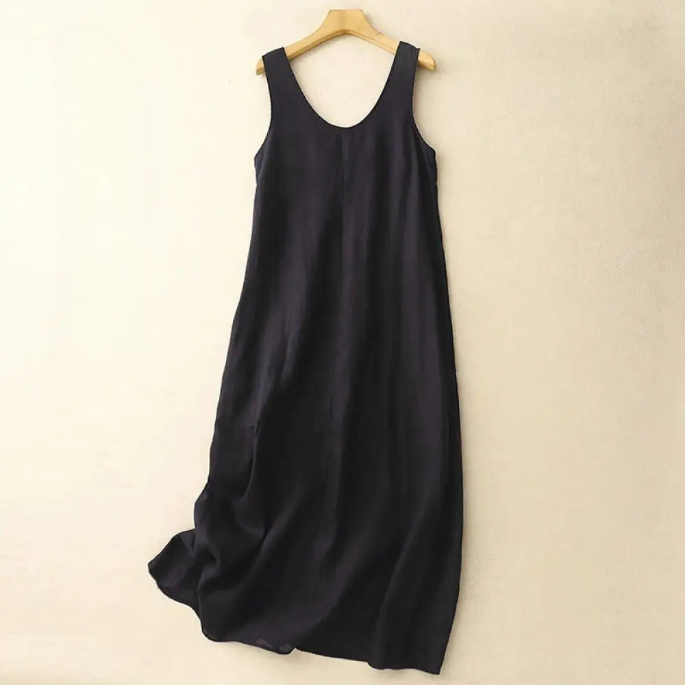 Buddha Stones Summer Daily Casual Pure Color Crew Neck Simple Design Sleeveless Midi Dress With Pockets - Black