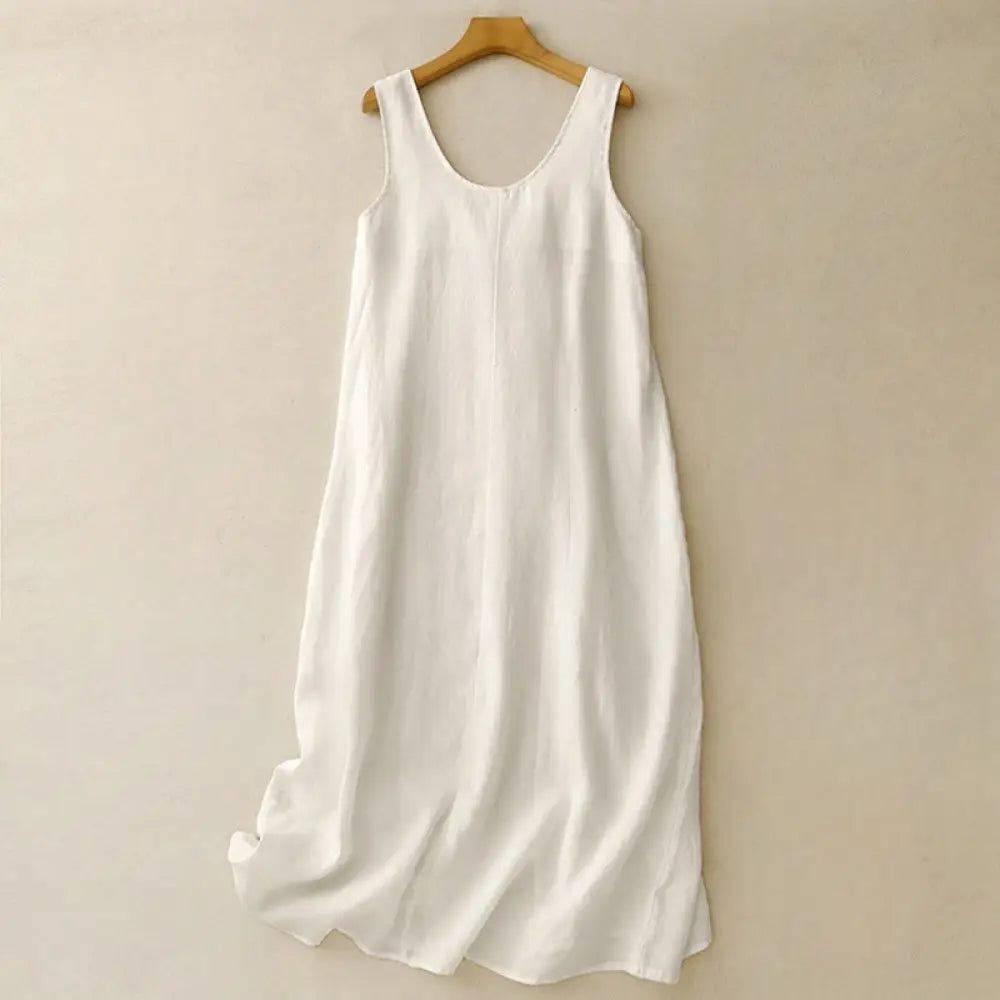 Buddha Stones Summer Daily Casual Pure Color Crew Neck Simple Design Sleeveless Midi Dress With Pockets - FloralWhite