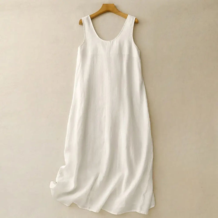 Buddha Stones Summer Daily Casual Pure Color Crew Neck Simple Design Sleeveless Midi Dress With Pockets - FloralWhite