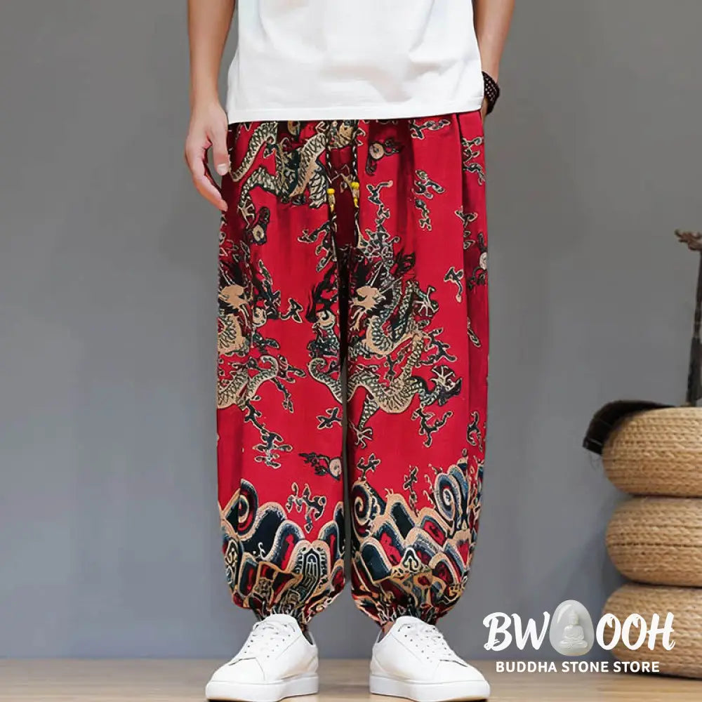 Buddha Stones Summer Dragon Drawstring Design Cotton Linen Men’s Harem Pants With Pockets - Men’s Harem Pants