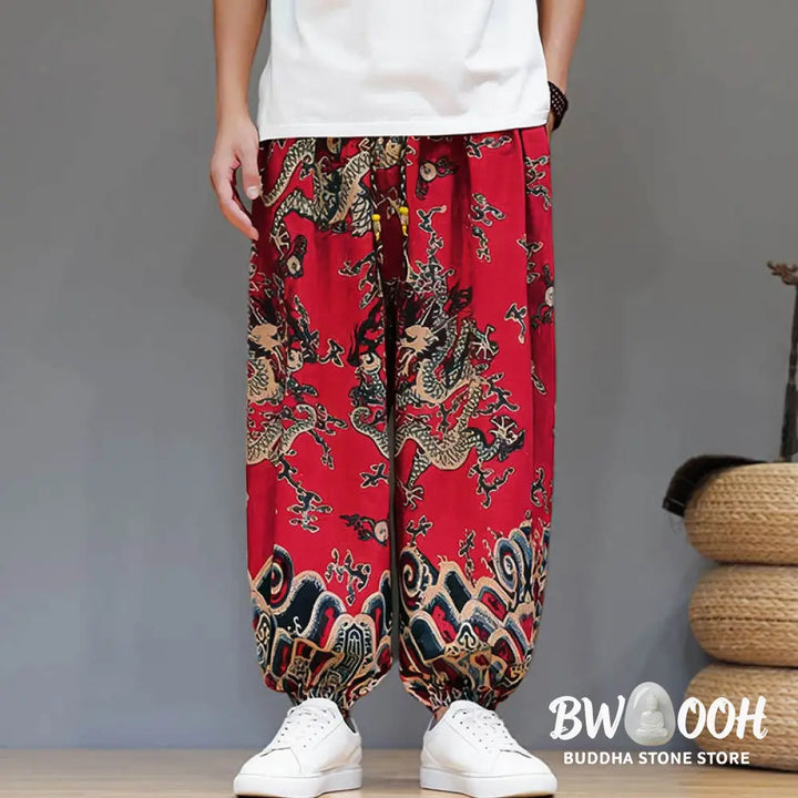 Buddha Stones Summer Dragon Drawstring Design Cotton Linen Men’s Harem Pants With Pockets - Men’s Harem Pants